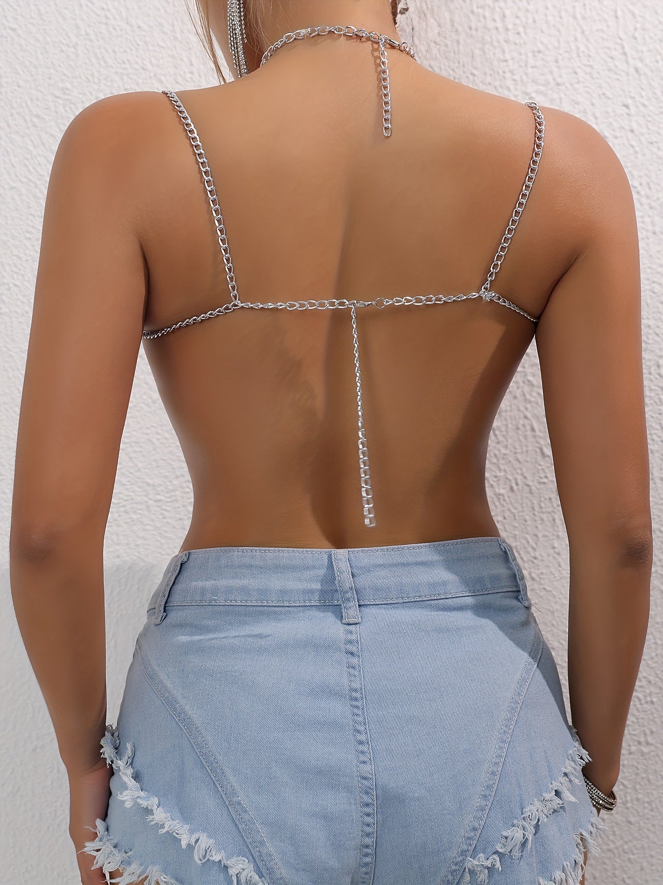 Colorful Beaded Chain-Linked Halter Neck Crop Top for Women, Metallic Composition, Off the Shoulder Vacation Style, Solid Color with Beaded Detailing, All-Season Knit Fabric